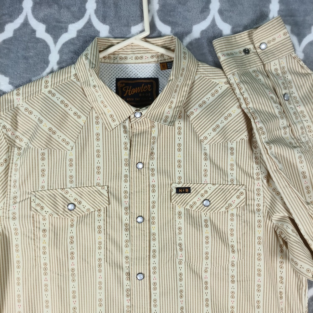 Howler Brothers Gaucho Snap Shirt Mens Size M Tan Striped Western Pearl Snap
